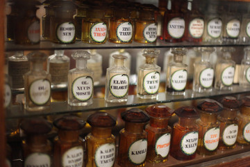 Shelves with medicines in the old pharmacy