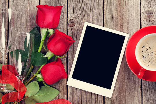 Valentines day greeting card, coffee and red roses