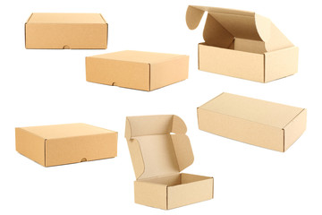 Empty cardboard boxes isolated on a white, collage