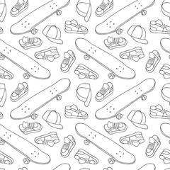 Street Skateboarding Seamless Pattern in Black and White. Repetitive Texture with Hand Drawn Skateboards, Sneakers and Caps.  Vector Lifestyle Background - 106434334