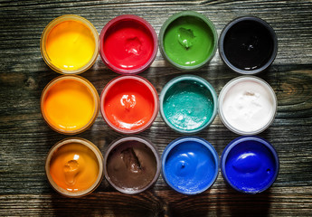 Palette of paints for drawing, top view