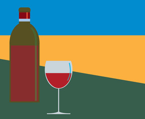 A green wine bottle with a filled glass on a colorful background