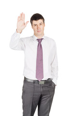 portrait of young business man waving to his colleague.  isolate