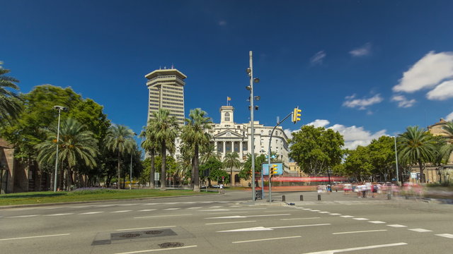 The famous Ramblas street timelapse hyperlapse with unidentified walking tourists in Barcelona, Spain