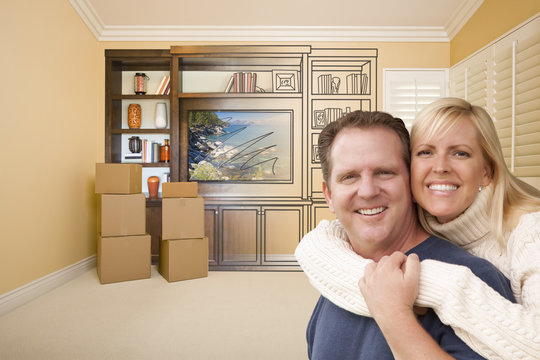 Young Couple In Room With Drawing of Entertainment Unit On Wall