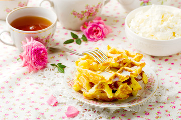  wafers with cottage cheese . selective focus