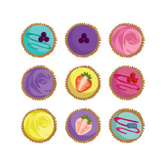 set cupcakes icons. Cupcake vector illustration. Cake vector illustration. Cupcake icon. Cupcake isolated background. Cake isolated background. Set delicacy.