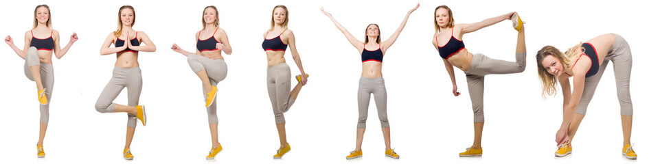 Fototapeta premium Young female doing exercises on white