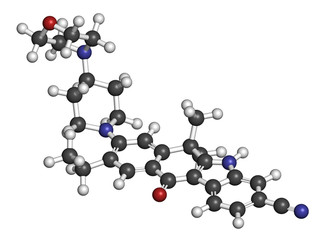 Alectinib cancer drug molecule. 3D rendering. 