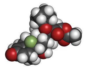 Amcinonide topical corticosteroid drug molecule. 3D rendering. 