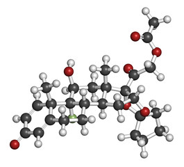 Amcinonide topical corticosteroid drug molecule. 3D rendering. 