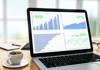 Laptop screen with financial statistics on a wooden desk with cu
