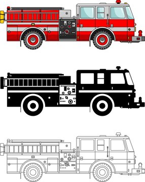 Different kind fire trucks isolated on white background in flat style: colored, black silhouette and contour. Vector illustration.