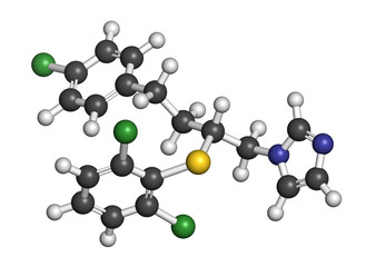Butoconazole antifungal drug molecule. 3D rendering. 