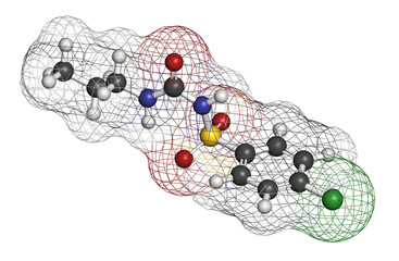Chlorpropamide diabetes drug molecule. 3D rendering. 