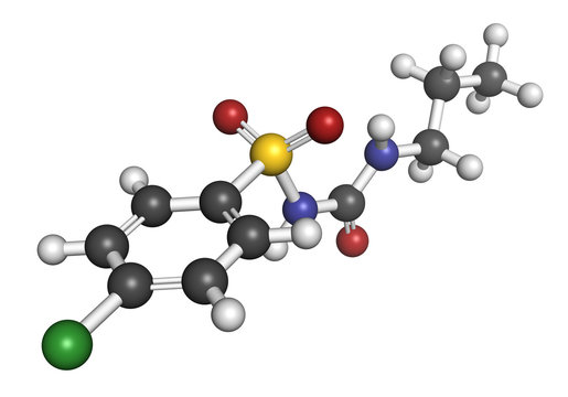 Chlorpropamide diabetes drug molecule. 3D rendering. 