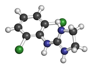 Obraz premium Clonidine drug molecule. Used in treatment of ADHD, hypertension.