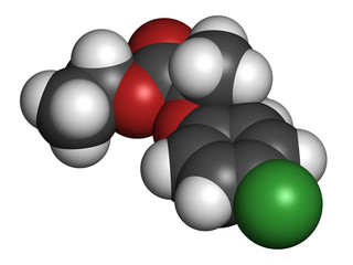 Clofibrate hyperlipidemia drug molecule (fibrate class). 