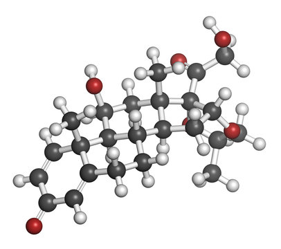 Desonide topical corticosteroid drug molecule. 3D rendering. 