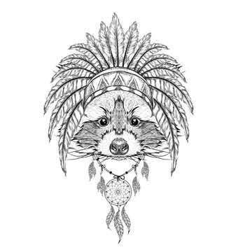 Raccoon in Indian roach. Indian feather headdress of eagle. Hand drawn vector illustration