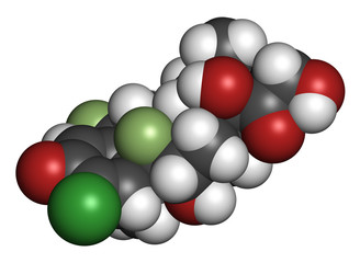 Halometasone topical corticosteroid drug molecule. 3D rendering.