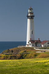 Fototapeta na wymiar Pigeon Point Lighthouse. Perched on a cliff on the central California coast, 50 miles south of San Francisco, the 115-foot Pigeon Point Lighthouse has been guiding mariners since 1872.