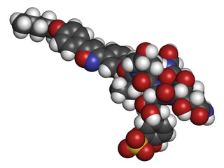 Micafungin antifungal drug molecule. 3D rendering. 