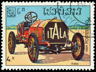 Fototapeta na wymiar Stamp printed in Laos shows vintage car Itala