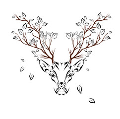 Fototapeta premium Ethnic colored head of deer with branches on the horns. totem / tattoo design. Use for print, posters, t-shirts. Vector illustration