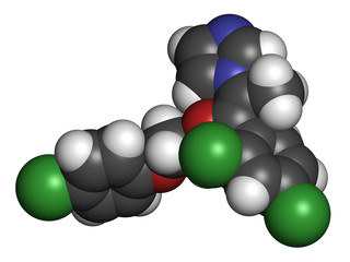 Omoconazole antifungal drug molecule. 3D rendering. 