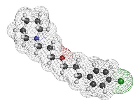 Pitolisant (tiprolisant) narcolepsy drug molecule. 3D rendering.