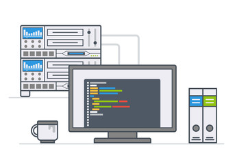 server equipment. workplace system administrator, programmer. illustration line style.