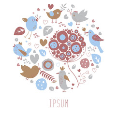 Postcard with hand drawn birds and flowers