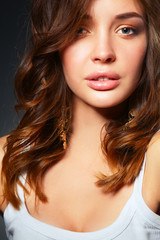 Obraz premium Close up portrait of beautiful young woman face. 