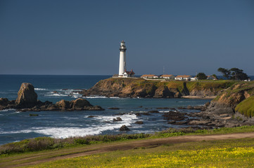 Fototapeta na wymiar Pigeon Point Lighthouse. Perched on a cliff on the central California coast, 50 miles south of San Francisco, the 115-foot Pigeon Point Lighthouse has been guiding mariners since 1872.