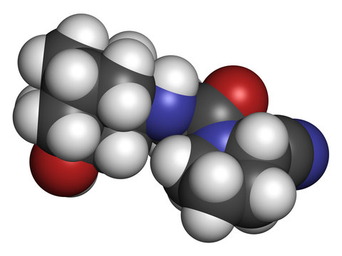 Vildagliptin diabetes drug molecule. 3D rendering. 