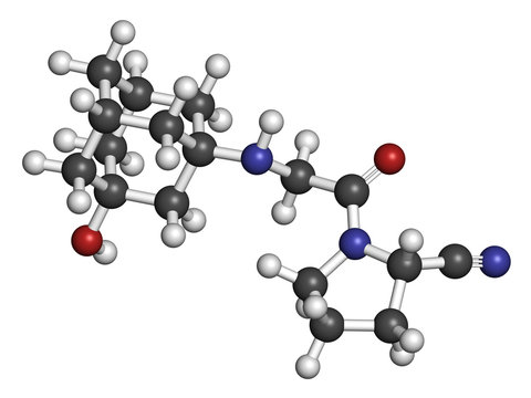 Vildagliptin diabetes drug molecule. 3D rendering.