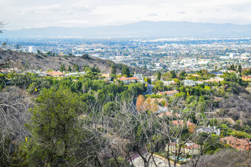 Good sunny day in downtown Los Angeles, California. Aerial view of Los angeles city from Runyon...