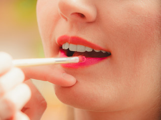 Naklejka premium Make up artist applying lipstick with brush.