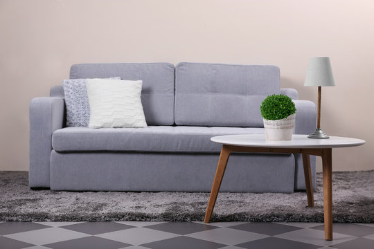 Interior with grey sofa and modern table