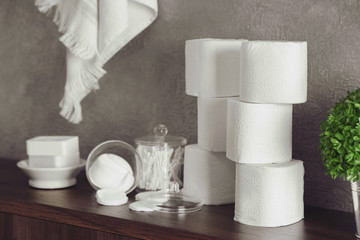 Bath accessories on grey wall background