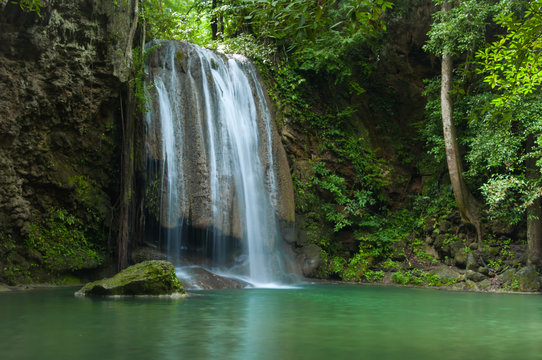 Green and clean waterfall, Erawan waterfall , Loacated Karnjanaburi Province , Thailand © peangdao