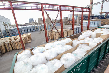 Cement bags in a row near the factory