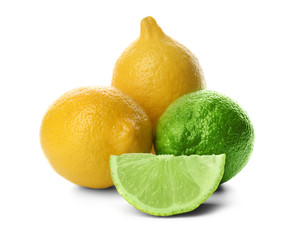 Fresh lime and lemons with slice isolated on white