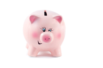 Sweet  Piggy Bank Winking on a White Background, Soft Focus