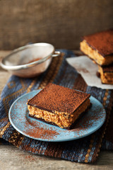 Few delicious chocolate cakes on wooden background