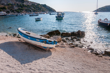 Fototapeta premium Boat on the beach at Agios Nikolaos port, Zakynthos