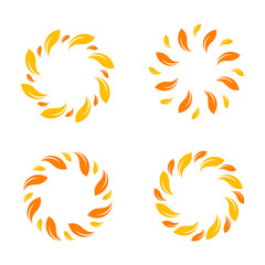 Yellow vector isolated leafs border. Stylish circle design. Abstract yellow color set logo. Sun logos set. Organic logo. Sunny logo. Logo sun. Nature logotypes.