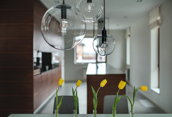 Tulips on the kitchen background