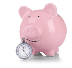 Pink piggy bank and a timer  isolated on white